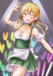  1girl anchor_hair_ornament anti_(untea9) apron barmaid between_breasts blonde_hair breasts brown_background choker cross dirndl dress eyebrows_visible_through_hair frills german_clothes gradient gradient_background green_choker green_dress green_eyes hair_between_eyes hair_ornament highres kantai_collection lights long_hair low_twintails non-web_source one_eye_closed prinz_eugen_(kancolle) solo twintails underbust 