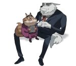  2022 anthro bottomwear canid canine canis clothing domestic_cat dududud_duu duo felid feline felis humanoid_hands illumination_entertainment jerry_(sing) jimmy_crystal male mammal necktie pants pink_nose shirt simple_background sing_(movie) sitting size_difference slightly_chubby topwear white_background wolf 