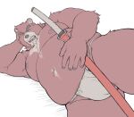  anthro asian_clothing big_nipples blush clothing east_asian_clothing fundoshi japanese_clothing katana kumatetsu lying male mammal melee_weapon moobs nails navel nipples oaks16 on_elbow on_side overweight overweight_male solo sword underwear ursid weapon 