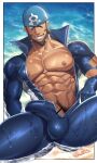 1boy abs archie_(pokemon) bandana bara bare_pectorals beard black_eyes black_hair blue_bandana blue_bodysuit bodysuit bulge dark-skinned_male dark_skin day erection erection_under_clothes facial_hair highres large_pectorals looking_at_viewer male_focus male_pubic_hair muscular muscular_male navel nipples nullq_q open_bodysuit open_mouth outdoors partially_submerged pectorals pokemon pokemon_(game) pokemon_oras pubic_hair short_hair smile solo thick_thighs thighs torn_bodysuit torn_clothes twitter_username water wet wet_clothes wetsuit 