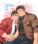  2boys alternate_costume bara beard belt black_pants black_sweater blush brown_belt bulge casual cherry_blossoms commission contemporary couple facial_hair falling_petals holding_hands jacket leaning_on_person leather leather_jacket long_sideburns male_focus master_3_(housamo) mature_male multiple_boys muscular muscular_male open_clothes open_jacket open_shirt pants pectorals petals revision short_hair sideburns skeb_commission smile stubble sunfight0201 sweater tokyo_afterschool_summoners yaoi zabaniya_(housamo) 