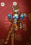  2022 anthro black_stripes breasts brown_hair chinese_zodiac collar collar_only crossed_legs danaume detailed_background eyebrows felid female fluffy fluffy_tail hair hi_res holding_object looking_at_viewer mammal multicolored_body navel nipples nude orange_body pantherine plantigrade sitting smile solo striped_body stripes tiger two_tone_body white_body year_of_the_tiger 