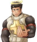  1boy alternate_skin_color bara beckoning black_bodysuit black_hair blush bodysuit dark-skinned_male dark_skin facial_hair halo male_focus mature_male muscular muscular_male outstretched_hand reaching_out short_hair sideburns solo stubble sunfight0201 thick_eyebrows tokyo_afterschool_summoners upper_body white_background zabaniya_(housamo) 