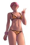  1girl animal_print bikini breasts cleavage ear_piercing haiokumantan hair_over_one_eye highres medium_breasts mole mole_under_eye nail_polish original piercing red_hair scrunchie short_hair solo standing swimsuit tiger_print v very_short_hair white_background 