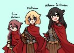  3girls centurii-chan_(artist) cloak gloves highres leather leather_gloves long_hair looking_at_viewer multiple_girls open_mouth red_cloak scar scar_on_cheek scar_on_face short_hair short_sleeves simple_background smile 