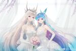  2girls blue_hair bouquet bug butterfly curtains douluo_dalu dress gu_yuena hair_ornament highres jiuzhou_di_huang long_hair multiple_girls purple_eyes silver_hair tang_wutong_(douluo_dalu) wedding_dress weibo_id weibo_logo white_background 