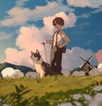  1boy aren_(fubuki-46) artist_name bangs belt bird blue_eyes boots brown_footwear brown_hair brown_pants cloud day dog english_text hand_on_hip highres male_focus open_mouth original outdoors pants pitchfork sheep shirt short_hair smile solo suspenders white_shirt windmill 