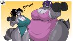  absurd_res anthro breasts chrisandcompany cleavage clothed clothing dumbbell duo female hair hi_res mammal procyonid raccoon size_difference weights 