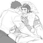  2boys bara beard blush facial_hair flustered greyscale long_sideburns male_focus master_3_(housamo) mature_male monochrome multiple_boys muscular muscular_male pectoral_cleavage pectorals short_hair sideburns sketch spread_legs stubble sunfight0201 tokyo_afterschool_summoners wide-eyed yamasachihiko_(housamo) yaoi 