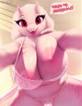  2022 anthro big_breasts bovid bra breasts caprine clothing english_text female fur goat hi_res horn looking_at_viewer mammal nipples solo text thong thousandfoldfeathers toriel undertale_(series) underwear white_body white_fur 