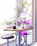  1girl cafe cephalopod_eyes coffee_cup cup disposable_cup dress errslance fingerless_gloves gloves mole mole_under_mouth pantyhose pearl_(splatoon) pink_hair pink_legwear short_eyebrows sitting solo splatoon_(series) splatoon_2 white_dress white_hair yellow_eyes zipper_pull_tab 