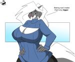  absurd_res anthro breasts chrisandcompany cleavage cleavage_cutout clothed clothing dialogue female hi_res kelsey_sienna keyhole_turtleneck mammal mephitid skunk solo sweater topwear 