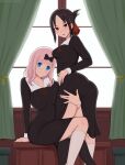  2girls afrobull ass bangs black_bow black_dress black_hair blue_eyes blunt_bangs bow breasts curtains dress folded_ponytail from_behind fujiwara_chika hair_bow hair_ribbon highres kaguya-sama_wa_kokurasetai_~tensai-tachi_no_renai_zunousen~ kneeling long_hair long_sleeves looking_at_viewer multiple_girls open_mouth parted_bangs pink_hair red_eyes red_ribbon ribbon school_uniform shinomiya_kaguya shuuchiin_academy_uniform window 