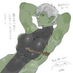  1girl 1other abs armpits arms_behind_head arms_up bandaid bandaid_on_face bandaid_on_nose closed_mouth collarbone colored_skin covered_abs covered_collarbone covered_navel earrings ettone fang fang_out female_orc green_skin grey_hair highres jewelry looking_at_viewer muscular muscular_female orc original pointy_ears red_eyes short_hair simple_background skindentation solo_focus stud_earrings teeth turtleneck tusks white_background 