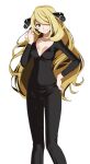  1girl black_pants black_shirt blonde_hair breasts cleavage closed_mouth collarbone cynthia_(pokemon) feet_out_of_frame grey_eyes hair_ornament hair_over_one_eye hand_on_hip hand_up highres long_bangs long_hair long_sleeves looking_at_viewer medium_breasts no_jacket pants pokemon pokemon_(game) pokemon_dppt shirt simple_background tsukishiro_saika very_long_hair white_background 