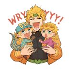  3boys argyle argyle_sweater blonde_hair blue_eyes braid chibi claws curly_hair diego_brando dinosaur_tail dio_brando fangs giorno_giovanna green_eyes green_nails headband heart highres jacket jojo_no_kimyou_na_bouken laughing male_focus multiple_boys norue open_mouth stardust_crusaders steel_ball_run sweater tail turtleneck vampire vento_aureo wryyyyyyyyyyyyyyyyyyyy yellow_jacket 