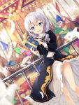  1girl :d animal artist_request bad_id bangs bird black_dress blue_eyes blurry blurry_foreground carnival carousel dove dress feathers gift highres holding holding_gift honkai_(series) honkai_impact_3rd long_hair long_sleeves looking_at_viewer nun open_mouth side_ponytail smile solo theresa_apocalypse theresa_apocalypse_(valkyrie_pledge) white_hair 