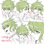  1boy amami_rantarou bangs blush danganronpa_(series) danganronpa_v3:_killing_harmony ear_piercing earrings green_eyes green_hair grin hair_between_eyes hand_up jewelry looking_at_viewer multiple_views necklace parted_lips piercing portrait ring shiny shiny_hair short_hair sideways_glance smile spot_color sweatdrop teeth togi9999 translation_request upper_teeth watermark 