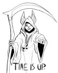  ambiguous_gender ankh anthro bone clothing english_text hi_res jewelry lagomorph leporid mammal melee_weapon monochrome necklace orinvega polearm rabbit robe scythe solo text weapon 