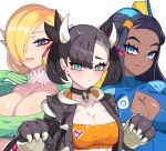  3girls alternate_breast_size animal_hands blonde_hair blue_eyeshadow blush breasts brown_jacket cleavage cleavage_cutout closed_mouth clothing_cutout collarbone commentary_request cosplay cynthia_(pokemon) dark-skinned_female dark_skin drunkoak eyelashes eyeshadow gardevoir gardevoir_(cosplay) gloves green_gloves grey_eyes hair_over_one_eye hands_up houndoom houndoom_(cosplay) inteleon inteleon_(cosplay) jacket korean_commentary looking_at_viewer makeup marnie_(pokemon) multiple_girls nessa_(pokemon) open_clothes open_jacket parted_lips paw_gloves pokemon pokemon_(game) pokemon_dppt pokemon_swsh red_eyeshadow shiny shiny_hair simple_background smile upper_body white_background 