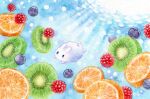  animal animal_focus blue_eyes blueberry bunny commentary_request diving food food_focus fruit highres kiwi_(fruit) no_humans orange_(fruit) orange_slice original painting_(medium) raspberry signature sinsousui traditional_media underwater watercolor_(medium) 