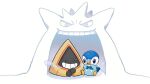  blue_eyes breath closed_eyes cold commentary_request gengar gigantamax gigantamax_gengar grin happy no_humans official_art open_mouth piplup pokemon pokemon_(creature) project_pochama sitting smile snorunt teeth tongue 