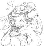  2boys animal_ears ass bara blush chain dog_boy dog_ears dog_tail furry furry_male furry_with_non-furry garmr_(housamo) greyscale heart hug interspecies male_focus master_3_(housamo) monochrome multiple_boys muscular muscular_male short_hair sideburns smile sunfight0201 tail tokyo_afterschool_summoners yaoi 