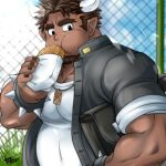  1boy bara belly bracelet brown_hair cheek_bulge cow_boy cow_horns dark-skinned_male dark_skin eating facial_hair fence food_request gakuran goatee horns jacket jewelry long_sideburns male_focus muscular muscular_male necklace open_clothes open_jacket pectorals plump school_uniform short_hair sideburns sleeves_rolled_up solo spiked_bracelet spikes sunfight0201 tetsuox_(housamo) thick_eyebrows tokyo_afterschool_summoners upper_body 