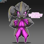  big_breasts blush bottomless breasts clothed clothing e-why english_text female genitals ghost hi_res humanoid inviting looking_at_viewer mega_banette mega_evolution nintendo not_furry pink_body pink_eyes pink_skin pok&eacute;mon pok&eacute;mon_(species) pussy simple_background smile solo spirit text video_games zipper zipper_mouth 