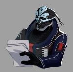  absurd_res alien blue_eyes bodypaint clothing face_paint gloves handwear hi_res holding_object holding_paper leafjuly male mass_effect paper solo teeth turian venari_pallin video_games 