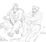  2boys :d abs arm_hair bara bare_pectorals barefoot beard bulge chest_hair facial_hair fins fish_boy greyscale hairy jacket jacket_on_shoulders jinn_(housamo) lamp large_pectorals leg_hair male_focus male_swimwear mature_male monochrome multiple_boys muscular muscular_male navel navel_hair no_nipples pectorals sandals shell_necklace short_hair sideburns sitting smile stomach sunfight0201 swim_briefs thick_thighs thighs tokyo_afterschool_summoners topless_male track_jacket triton_(housamo) unibrow v_arms 