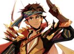  1boy alternate_hairstyle brown_hair cape claude_von_riegan dark-skinned_male dark_skin fire_emblem fire_emblem:_three_houses gloves green_eyes headband male_focus norue older salute short_hair solo two-finger_salute 