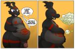  ambiguous_gender anthro balls bandai_namco belly big_belly comic death dialogue digestion digimon digimon_(species) digital_media_(artwork) duo english_text fur genitals gojo_(gojo_preto) guilmon hair hi_res male male/ambiguous markings moobs nude open_mouth oral_vore overweight overweight_male penis permanent scalie simple_background solo_focus text thick_thighs tongue video_games vore weight_gain 