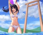  1girl ball beachball bikini black_hair blue_sky breasts cloud cowboy_shot day from_below highres itsuki_nofuji long_hair mountain original outdoors sky small_breasts soaking_feet solo standing swimsuit torii white_bikini 