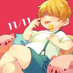  1boy blonde_hair candy crossed_legs dated fat food hair_over_eyes highres holding holding_candy holding_food holding_lollipop lollipop male_focus mother_(game) mother_2 overalls pig pillow pink_background porky_minch shifumame shirt short_hair short_sleeves smile smug solo star_(symbol) tongue tongue_out white_shirt 