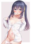  1girl bangs bare_shoulders black_hair blue_eyes blush breasts collarbone commentary_request cowboy_shot dress_shirt groin hair_between_eyes hair_ribbon hands_up highres karutamo long_hair looking_at_viewer navel no_bra open_clothes open_shirt original panties panty_pull partially_unbuttoned rakugaki-chan ribbon shirt sidelocks simple_background sleeves_past_wrists small_breasts solo twintails underwear white_panties white_shirt yellow_ribbon 