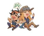  2boys ^_^ beard black_hair blonde_hair brown_hair closed_eyes crossed_bandaids eating facial_hair food gyro_zeppeli hat highres jojo_no_kimyou_na_bouken long_hair male_focus messy_hair multiple_boys music musical_note narancia_ghirga norue pizza pizza_slice singing spurs steel_ball_run vento_aureo 