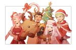  2boys 2girls :d candy candy_cane cape capelet christmas christmas_tree claude_von_riegan dark-skinned_male dark_skin fake_antlers fire_emblem fire_emblem:_three_houses food fur-trimmed_capelet fur_trim glasses gloves green_eyes green_hair hat highres hilda_valentine_goneril ignatz_victor lysithea_von_ordelia multiple_boys multiple_girls norue one_eye_closed pink_hair round_eyewear santa_costume santa_hat smile stuffed_animal stuffed_reindeer stuffed_toy twintails white_hair yellow_cape yule_log 