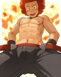  1boy :d abs absurdres afro belt black_choker blush border brown_eyes choker commentary_request fire flint_(pokemon) from_below hands_on_hips harano_hiroshi highres looking_down male_focus navel nipples open_mouth outside_border pants pectorals pokemon pokemon_(game) pokemon_dppt red_belt red_hair short_hair smile solo teeth tongue topless_male upper_teeth white_border wristband 