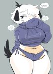  2022 anthro belly big_breasts biped black_eyes black_tail bone breasts breath canid canine canis chubby_female clothing curvy_figure digital_media_(artwork) domestic_dog english_text female floppy_ears front_view fur grey_background hair hair_over_eye hand_behind_back hand_on_mouth hi_res huge_breasts looking_aside looking_away mammal navel one_eye_obstructed panties pink_belly portrait puppychan puppychan48 purple_clothing purple_panties purple_sweatshirt purple_underwear short_hair simple_background slightly_chubby solo speech_bubble standing sweatshirt text thick_thighs three-quarter_portrait three-quarter_view tuft underwear voluptuous white_body white_fur white_hair 