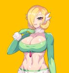  1girl abs alternate_breast_size blonde_hair blush breasts cleavage collarbone commentary_request cosplay cynthia_(pokemon) drunkoak eyelashes flipped_hair gardevoir gardevoir_(cosplay) gloves green_gloves grey_eyes hair_over_one_eye hand_up highres korean_commentary looking_at_viewer mole mole_under_eye navel parted_lips pokemon pokemon_(game) pokemon_dppt shiny shiny_hair shiny_skin simple_background solo upper_body yellow_background 