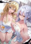  2girls :d absurdres blonde_hair blue_eyes breasts cleavage collarbone commission covered_navel cup fang freng frown hair_ornament highres holding large_breasts long_hair looking_at_viewer medium_breasts mole mole_on_breast mole_under_eye multiple_girls naked_towel onsen original pout second-party_source smile snow towel towel_on_head v-shaped_eyebrows wet white_hair winter yellow_eyes 