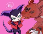  angry anthro bandai_namco bandanna blush demon digimon digimon_(species) duo embarrassed guilmon humanoid impmon kerchief licking male male/male nami_(pixiv) purple_body red_body scalie tongue tongue_out 