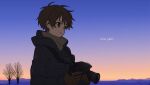  1boy aren_(fubuki-46) bangs blue_coat brown_hair camera coat english_text holding holding_camera horizon male_focus original outdoors short_hair smile solo sunrise tree upper_body 