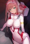  1girl arm_support bangs bodysuit breasts commentary_request covered_navel darling_in_the_franxx green_eyes hair_between_breasts hairband hamstarhand highres horns large_breasts long_hair looking_at_viewer pink_hair red_horns solo white_bodysuit white_hairband zero_two_(darling_in_the_franxx) 