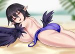  1girl alternate_breast_size bangs black_feathers black_hair black_harpy black_wings blush breasts commentary commission earrings english_commentary eyebrows_visible_through_hair feathered_wings feathers hair_between_eyes harpy huge_breasts jewelry looking_at_viewer lying monster_girl monster_girl_encyclopedia nav on_stomach one-piece_swimsuit open_mouth partially_undressed pointy_ears red_eyes short_hair solo swimsuit tail winged_arms wings 