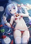  1girl bangs bikini blue_eyes blue_hair blush breasts cameltoe christmas closed_mouth eyebrows_visible_through_hair fengshen_chino gochuumon_wa_usagi_desu_ka? hair_between_eyes hair_ornament highres kafuu_chino long_hair looking_at_viewer lying micro_bikini navel on_back small_breasts smile solo swimsuit twintails x_hair_ornament 