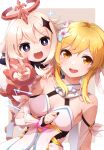  2girls :3 :d bare_shoulders black_eyes blonde_hair boots border breasts cleavage commentary eyebrows_visible_through_hair floating flower genshin_impact gloves gold_trim hair_between_eyes hair_flower hair_ornament halo hand_on_another&#039;s_shoulder highres looking_at_viewer lumine_(genshin_impact) multiple_girls open_mouth paimon_(genshin_impact) partially_fingerless_gloves shiny shiny_hair sidelocks small_breasts smile sparkle upper_body v white_border white_hair yaaben yellow_eyes 