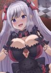  1girl azur_lane black_dress black_gloves blush breast_squeeze breasts censored checkered_floor cleavage clothing_cutout cross disembodied_penis dress elbe_(azur_lane) elbe_(time_to_show_off?)_(azur_lane) frilled_dress frills gloves highres huge_breasts inari_jin iron_cross layered_dress light_purple_hair long_hair looking_at_viewer mosaic_censoring official_alternate_costume open_mouth paizuri paizuri_under_clothes penis purple_eyes short_sleeves underboob_cutout upper_body very_long_hair 