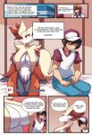  anthro big_breasts black_hair breasts brown_hair clothing delphox detailed_background dialogue female fur group hair human inner_ear_fluff inside lucyfercomic male mammal nintendo pok&eacute;mon pok&eacute;mon_(species) red_body red_eyes red_fur serious_face tuft video_games 